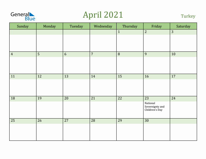April 2021 Calendar with Turkey Holidays