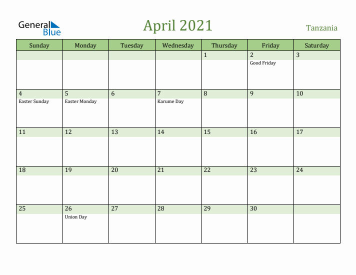 April 2021 Calendar with Tanzania Holidays