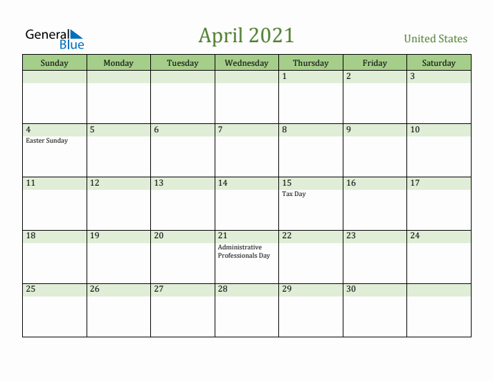 April 2021 Calendar with United States Holidays