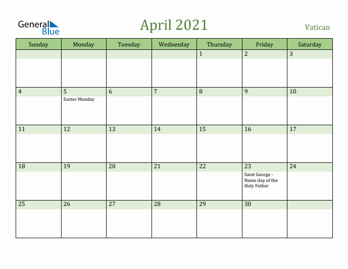 April 2021 Calendar with Vatican Holidays