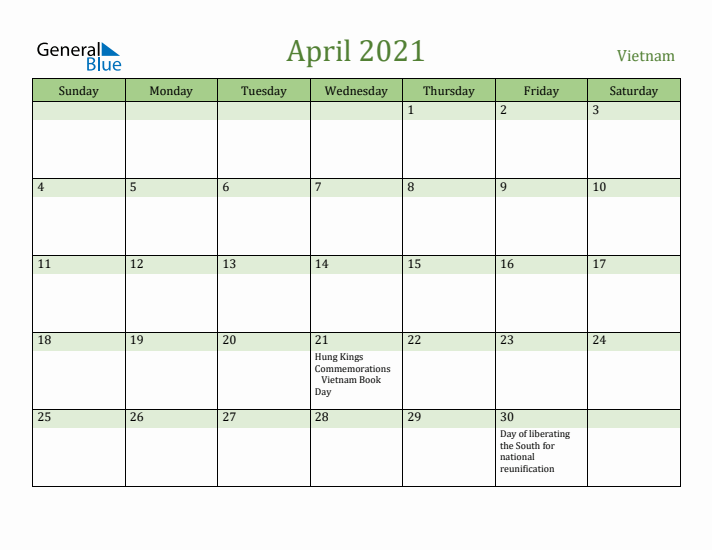 April 2021 Calendar with Vietnam Holidays