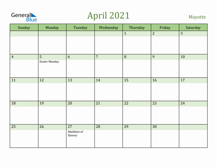 April 2021 Calendar with Mayotte Holidays