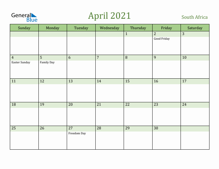 April 2021 Calendar with South Africa Holidays