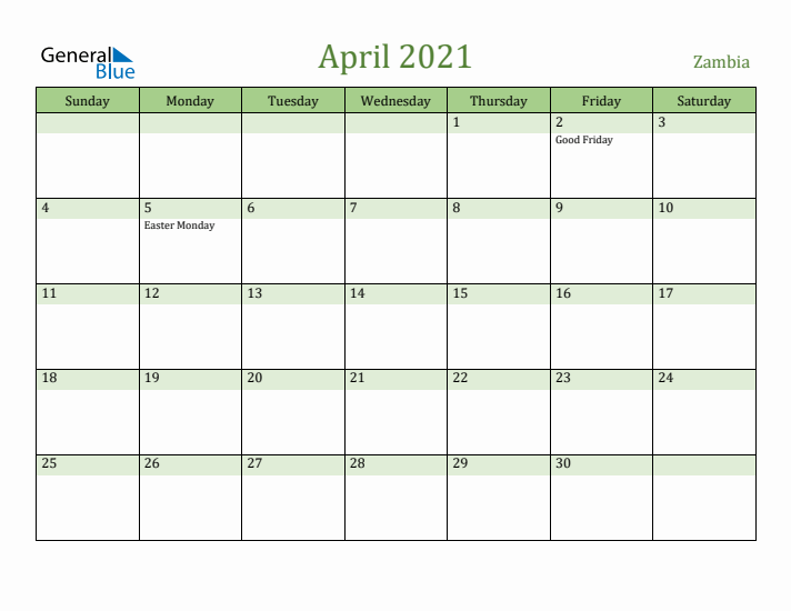 April 2021 Calendar with Zambia Holidays