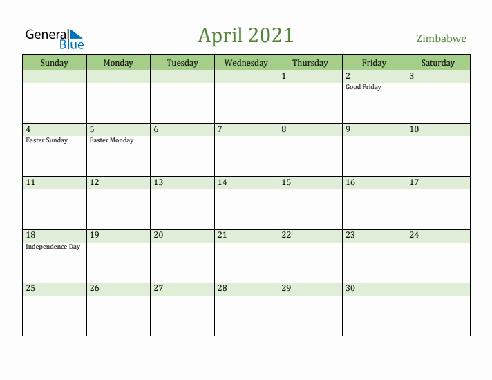 April 2021 Calendar with Zimbabwe Holidays