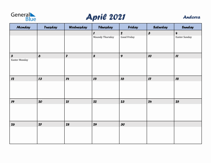 April 2021 Calendar with Holidays in Andorra