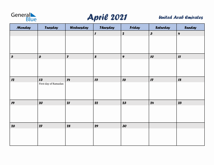 April 2021 Calendar with Holidays in United Arab Emirates