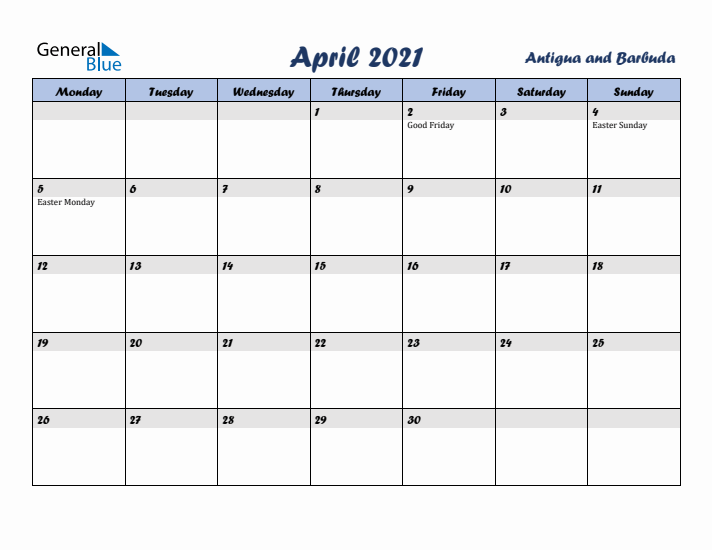 April 2021 Calendar with Holidays in Antigua and Barbuda