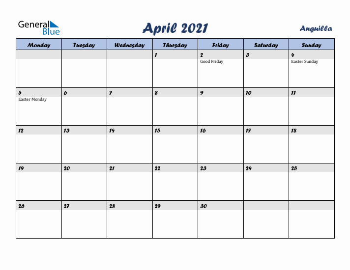 April 2021 Calendar with Holidays in Anguilla