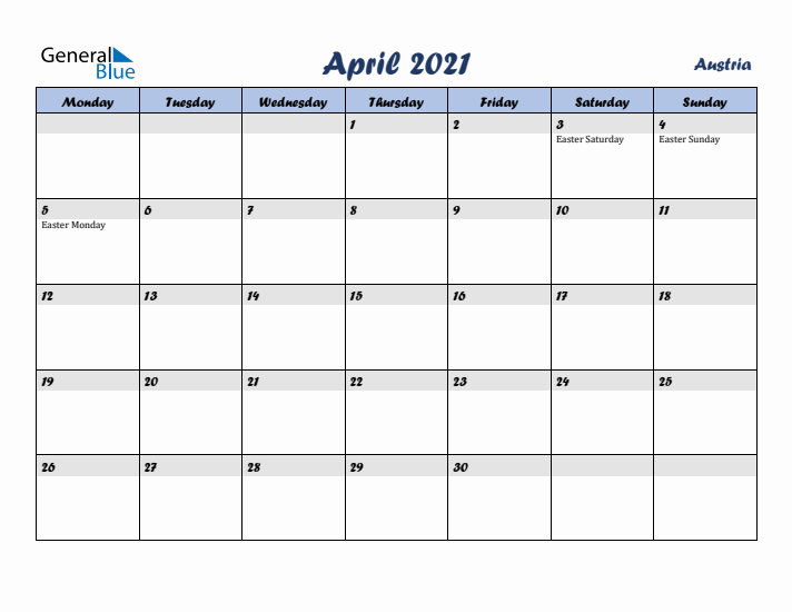 April 2021 Calendar with Holidays in Austria