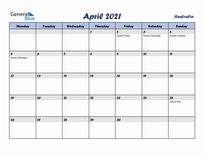April 2021 Calendar with Holidays in Australia