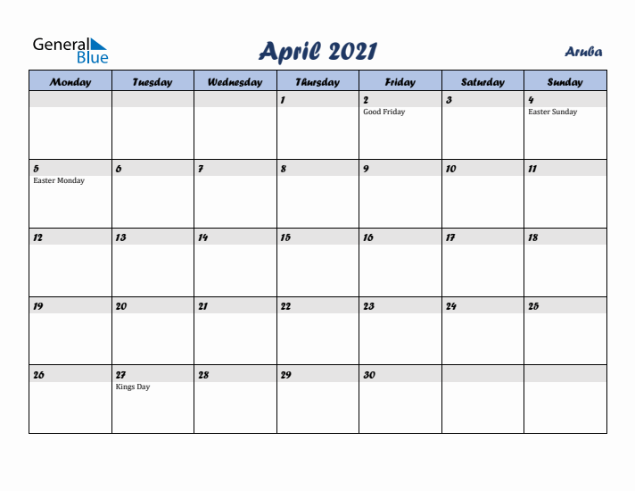 April 2021 Calendar with Holidays in Aruba