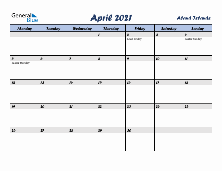 April 2021 Calendar with Holidays in Aland Islands