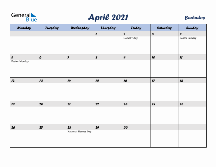 April 2021 Calendar with Holidays in Barbados