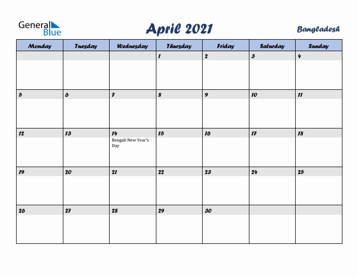 April 2021 Calendar with Holidays in Bangladesh