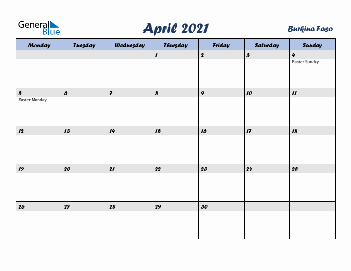April 2021 Calendar with Holidays in Burkina Faso