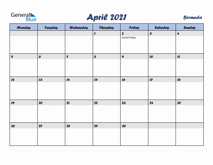April 2021 Calendar with Holidays in Bermuda