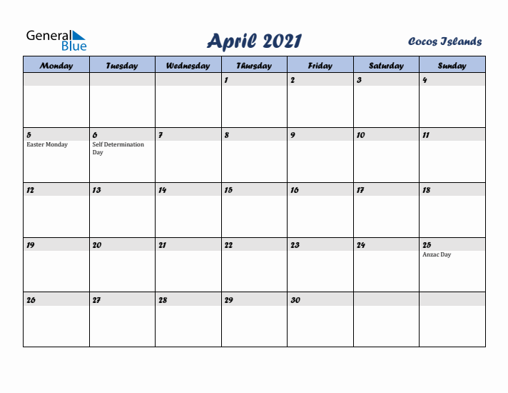 April 2021 Calendar with Holidays in Cocos Islands