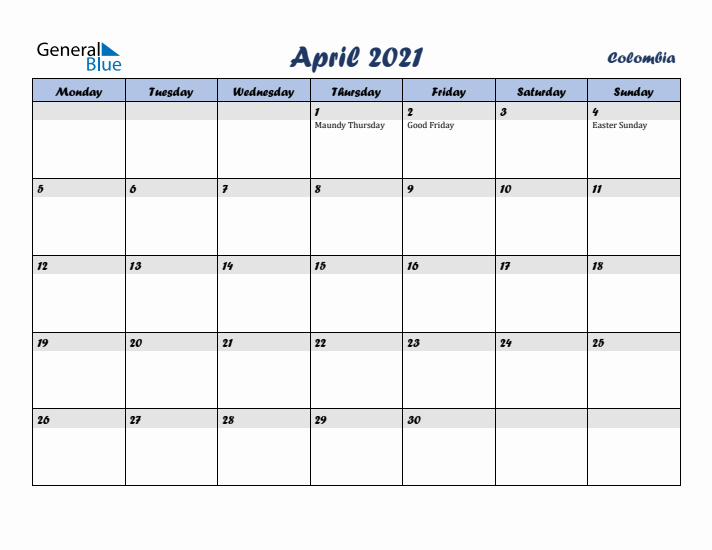 April 2021 Calendar with Holidays in Colombia
