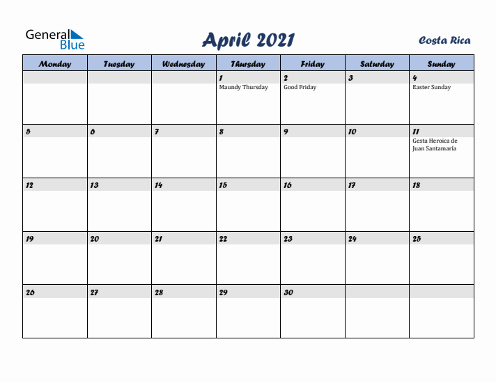 April 2021 Calendar with Holidays in Costa Rica