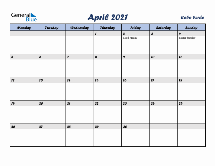 April 2021 Calendar with Holidays in Cabo Verde