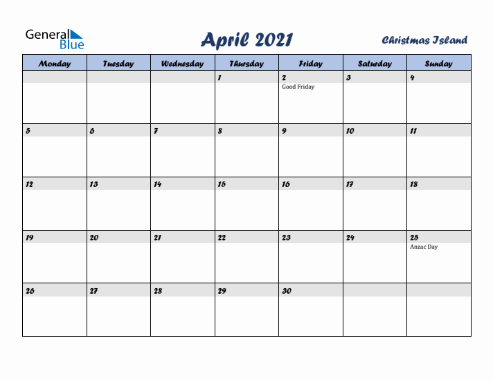 April 2021 Calendar with Holidays in Christmas Island