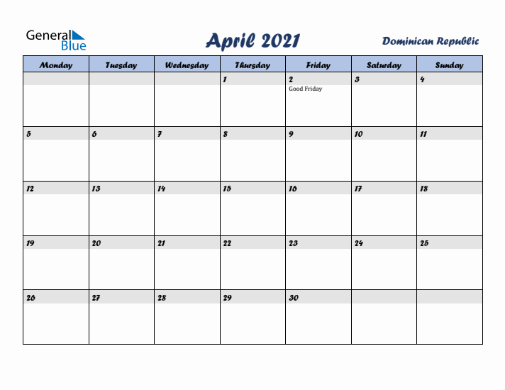 April 2021 Calendar with Holidays in Dominican Republic