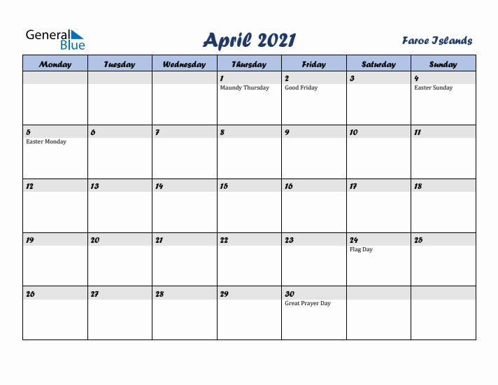 April 2021 Calendar with Holidays in Faroe Islands