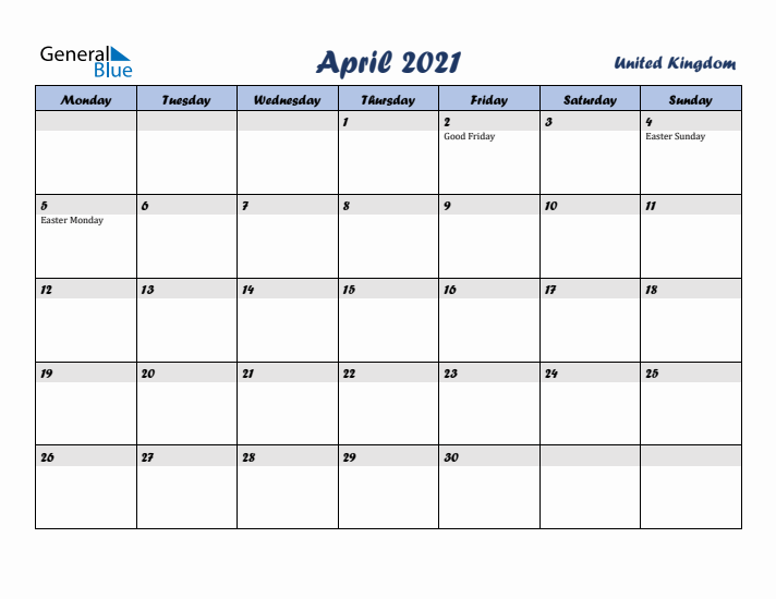 April 2021 Calendar with Holidays in United Kingdom