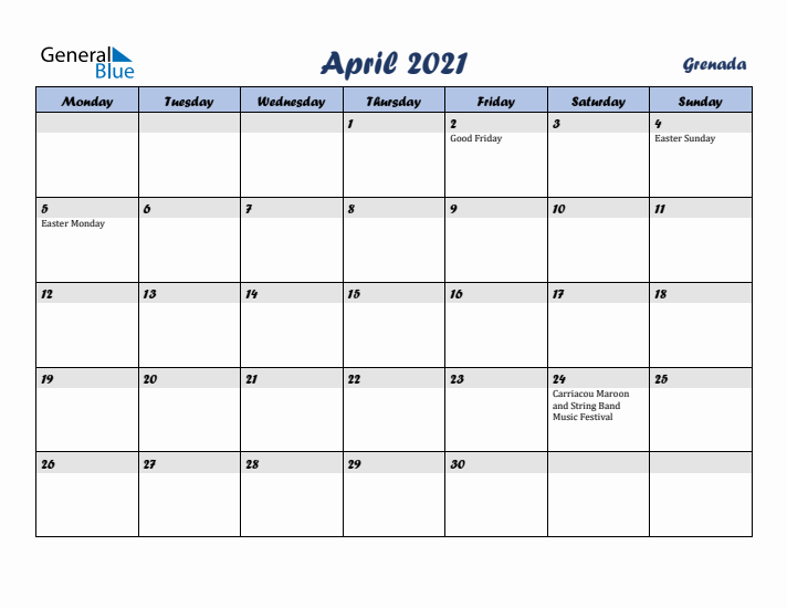 April 2021 Calendar with Holidays in Grenada
