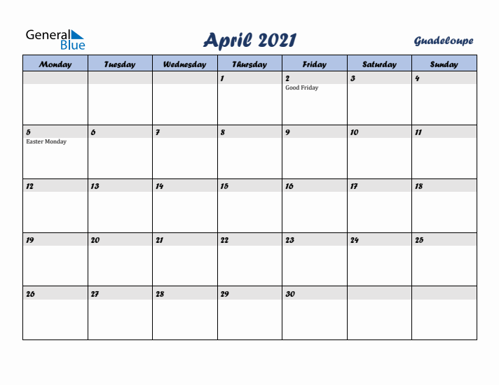 April 2021 Calendar with Holidays in Guadeloupe