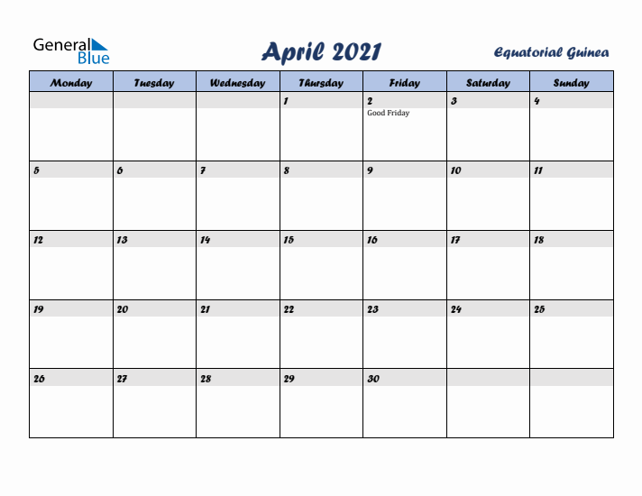 April 2021 Calendar with Holidays in Equatorial Guinea