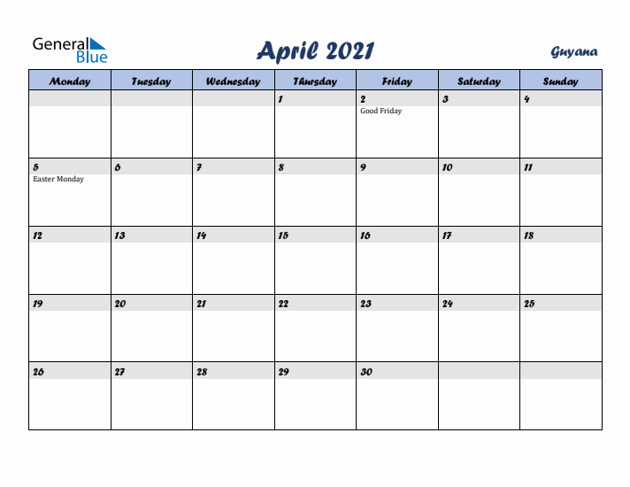 April 2021 Calendar with Holidays in Guyana