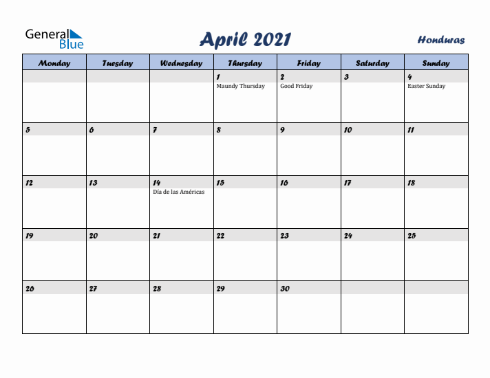 April 2021 Calendar with Holidays in Honduras