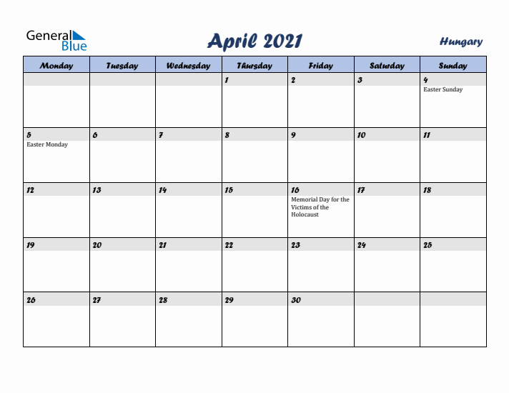 April 2021 Calendar with Holidays in Hungary