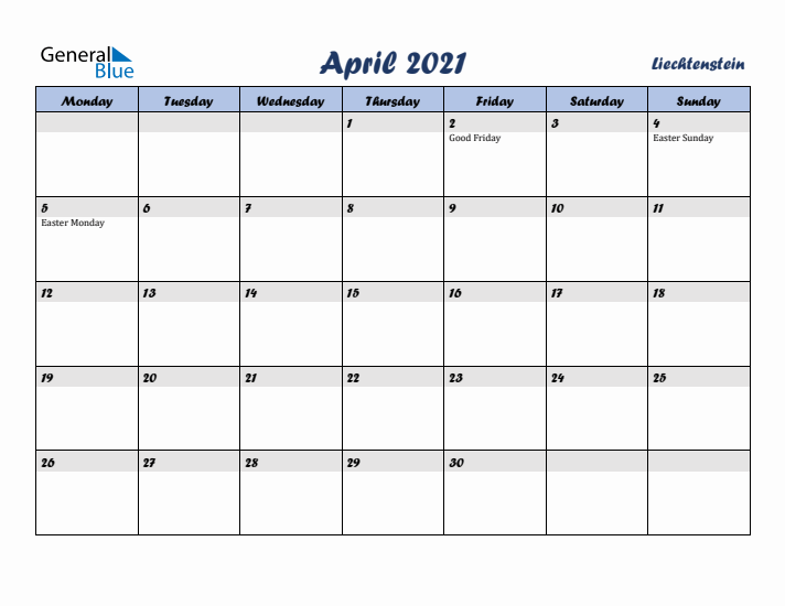 April 2021 Calendar with Holidays in Liechtenstein
