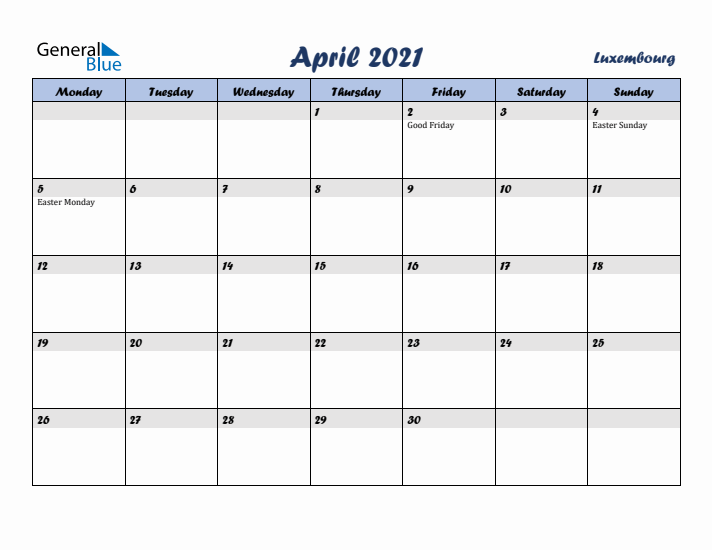 April 2021 Calendar with Holidays in Luxembourg