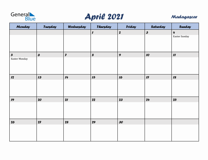 April 2021 Calendar with Holidays in Madagascar