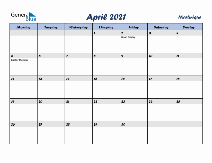 April 2021 Calendar with Holidays in Martinique