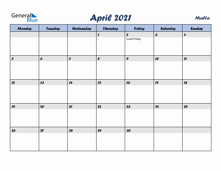 April 2021 Calendar with Holidays in Malta