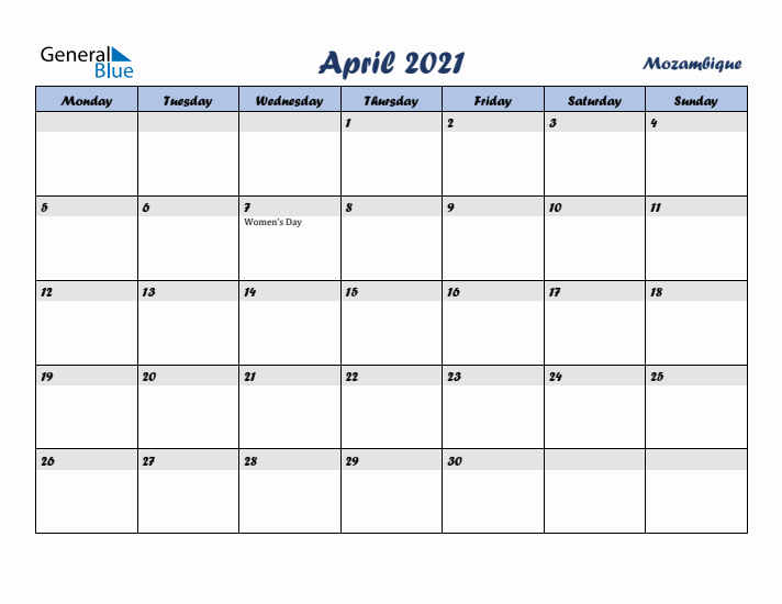 April 2021 Calendar with Holidays in Mozambique