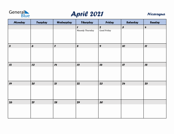 April 2021 Calendar with Holidays in Nicaragua