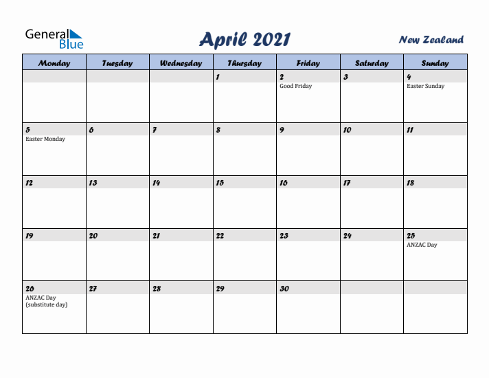 April 2021 Calendar with Holidays in New Zealand