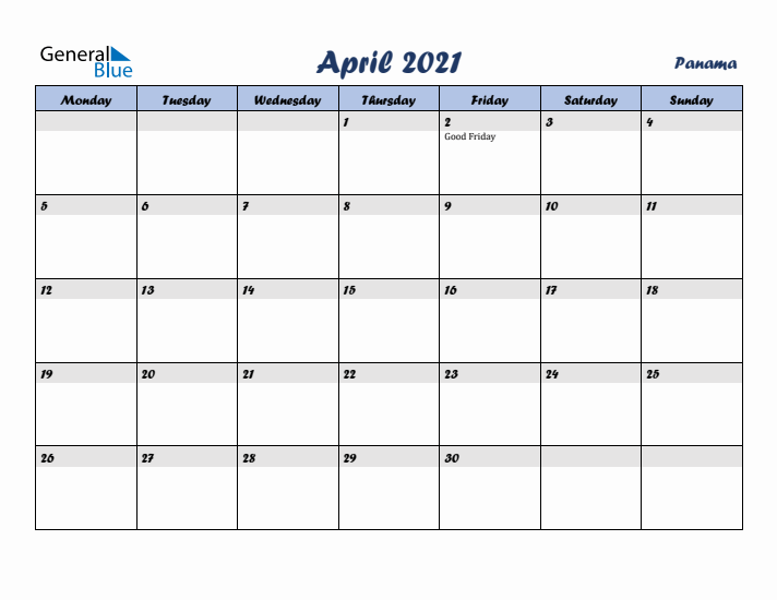 April 2021 Calendar with Holidays in Panama