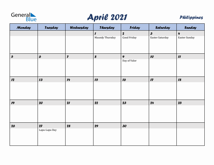 April 2021 Calendar with Holidays in Philippines