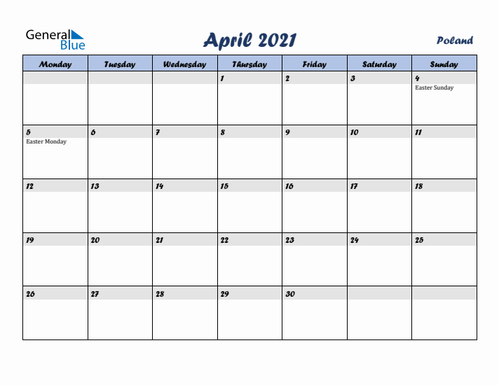 April 2021 Calendar with Holidays in Poland