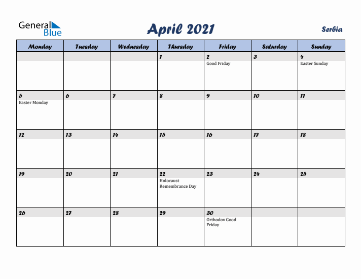 April 2021 Calendar with Holidays in Serbia