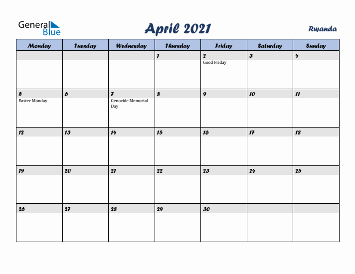 April 2021 Calendar with Holidays in Rwanda