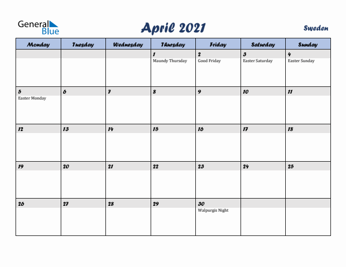 April 2021 Calendar with Holidays in Sweden