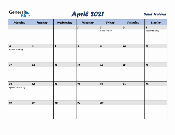 April 2021 Calendar with Holidays in Saint Helena